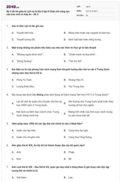 Bộ 4 đề thi giữa kì Lịch sử & Địa lí lớp 8 Chân trời sáng tạo cấu trúc mới có đáp án - Đề 3