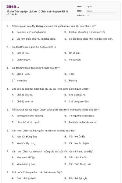 15 câu Trắc nghiệm Lịch sử 10 Chân trời sáng tạo Bài 16 có đáp án