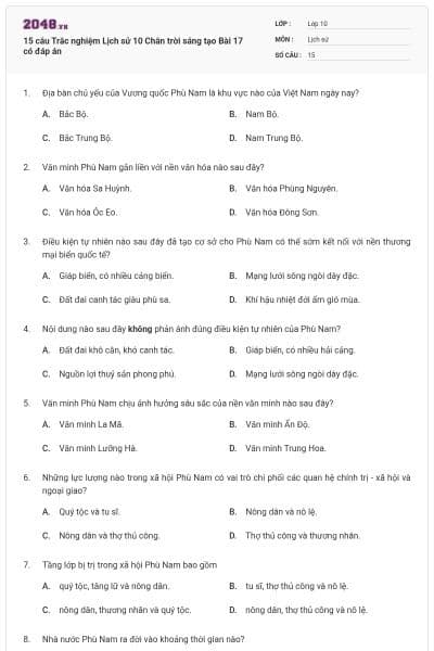 15 câu Trắc nghiệm Lịch sử 10 Chân trời sáng tạo Bài 17 có đáp án