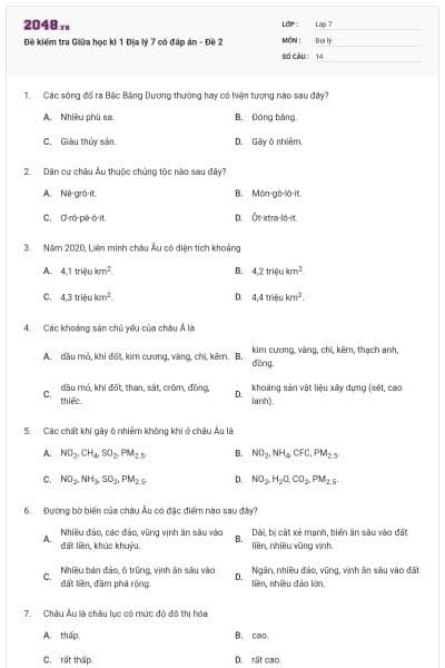 Đề kiểm tra Giữa học kì 1 Địa lý 7 có đáp án - Đề 2