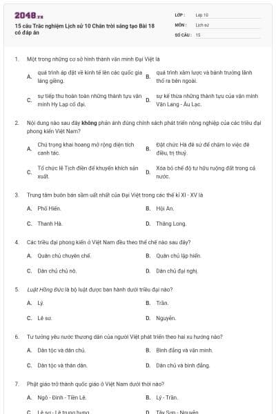 15 câu Trắc nghiệm Lịch sử 10 Chân trời sáng tạo Bài 18 có đáp án