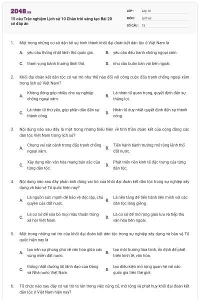 15 câu Trắc nghiệm Lịch sử 10 Chân trời sáng tạo Bài 20 có đáp án