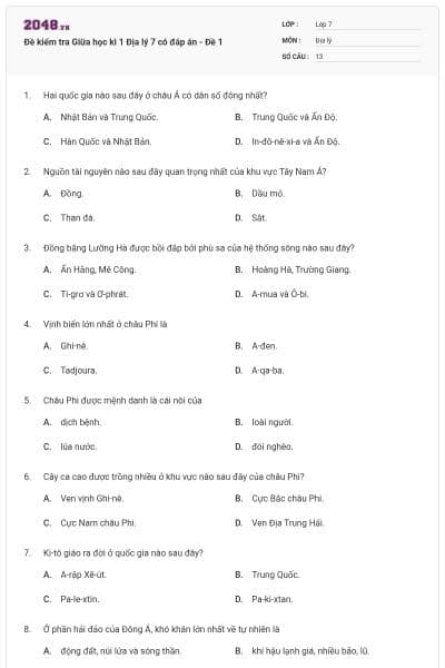 Đề kiểm tra Giữa học kì 1 Địa lý 7 có đáp án - Đề 1