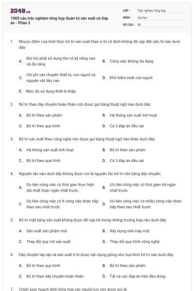 1000 câu trắc nghiệm tổng hợp Quản trị sản xuất có đáp án - Phần 3