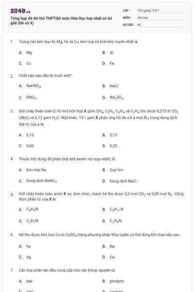 Tổng hợp đề thi thử THPTQG môn Hóa Học hay nhất có lời giải (Đề số 4)