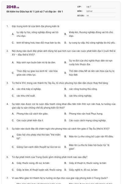 Đề kiểm tra Giữa học kì 1 Lịch sử 7 có đáp án - Đề 1