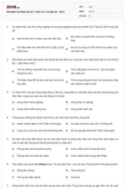 Đề kiểm tra Giữa học kì 1 Lịch sử 7 có đáp án - Đề 2