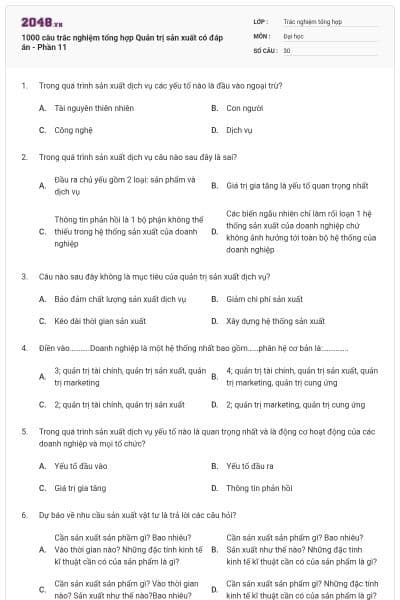 1000 câu trắc nghiệm tổng hợp Quản trị sản xuất có đáp án - Phần 11