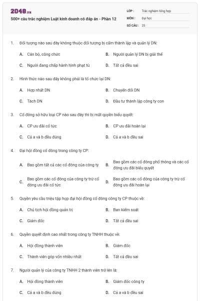 500+ câu trắc nghiệm Luật kinh doanh có đáp án - Phần 12