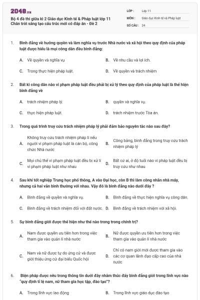 Bộ 4 đề thi giữa kì 2 Giáo dục Kinh tế & Pháp luật lớp 11 Chân trời sáng tạo cấu trúc mới có đáp án - Đề 2