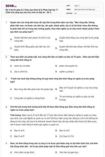 Bộ 4 đề thi giữa kì 2 Giáo dục Kinh tế & Pháp luật lớp 11 Chân trời sáng tạo cấu trúc mới có đáp án - Đề 3