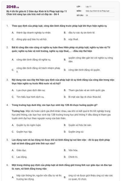 Bộ 4 đề thi giữa kì 2 Giáo dục Kinh tế & Pháp luật lớp 11 Chân trời sáng tạo cấu trúc mới có đáp án - Đề 4