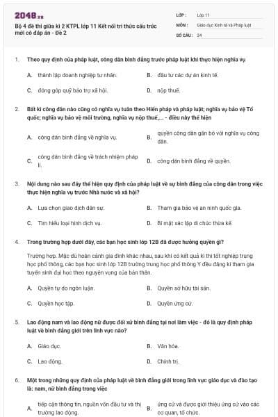 Bộ 4 đề thi giữa kì 2 KTPL lớp 11 Kết nối tri thức cấu trúc mới có đáp án - Đề 2