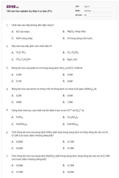 100 câu trắc nghiệm Sự điện li cơ bản (P1)