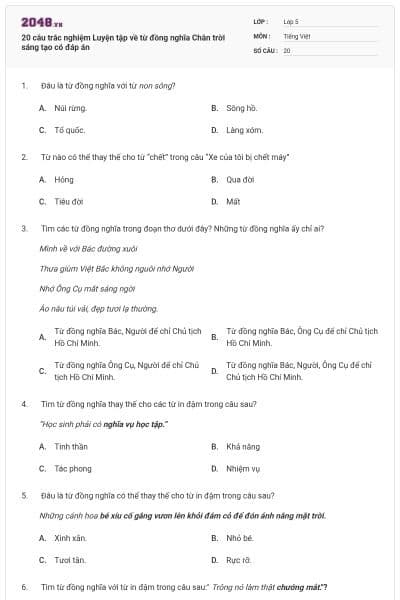 20 câu trắc nghiệm Luyện tập về từ đồng nghĩa Chân trời sáng tạo có đáp án
