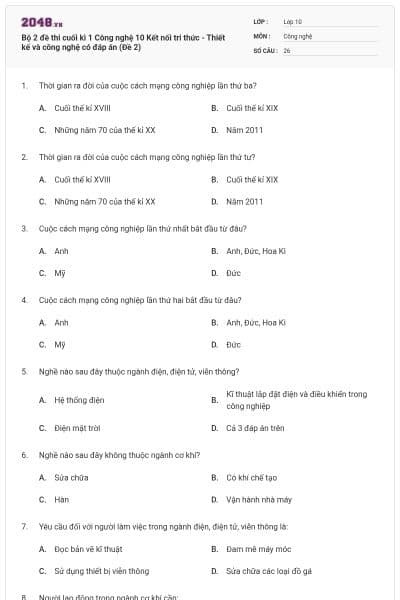 Bộ 2 đề thi cuối kì 1 Công nghệ 10 Kết nối tri thức - Thiết kế và công nghệ có đáp án (Đề 2)