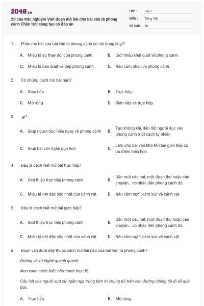 20 câu trắc nghiệm Viết đoạn mở bài cho bài văn tả phong cảnh Chân trời sáng tạo có đáp án