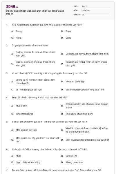 20 câu trắc nghiệm Quà sinh nhật Chân trời sáng tạo có đáp án
