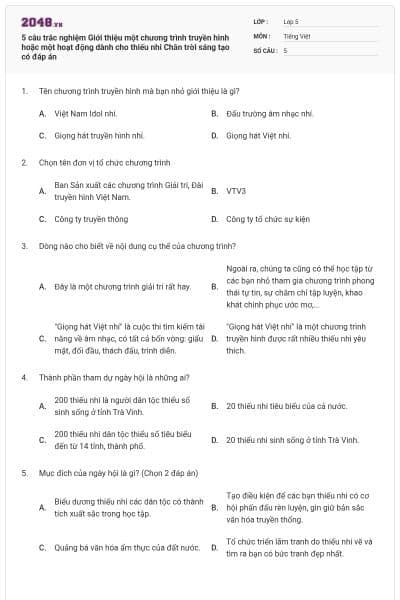 5 câu trắc nghiệm Giới thiệu một chương trình truyền hình hoặc một hoạt động dành cho thiếu nhi Chân trời sáng tạo có đáp án