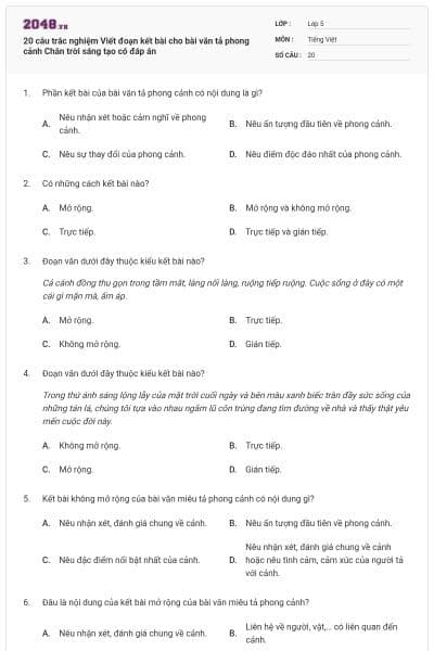 20 câu trắc nghiệm Viết đoạn kết bài cho bài văn tả phong cảnh Chân trời sáng tạo có đáp án