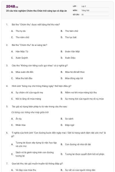 20 câu trắc nghiệm Chớm thu Chân trời sáng tạo có đáp án