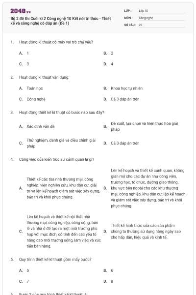 Bộ 2 đề thi Cuối kì 2 Công nghệ 10 Kết nối tri thức - Thiết kế và công nghệ có đáp án (Đề 1)