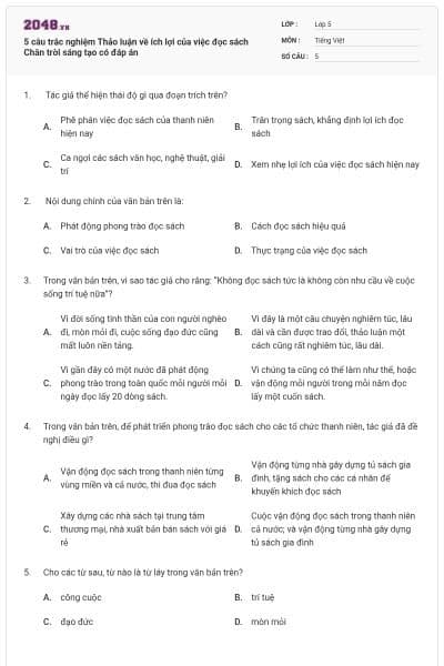 5 câu trắc nghiệm Thảo luận về ích lợi của việc đọc sách Chân trời sáng tạo có đáp án