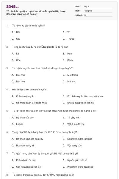 20 câu trắc nghiệm Luyện tập về từ đa nghĩa (tiếp theo) Chân trời sáng tạo có đáp án