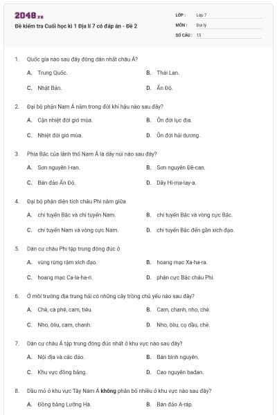 Đề kiểm tra Cuối học kì 1 Địa lí 7 có đáp án - Đề 2