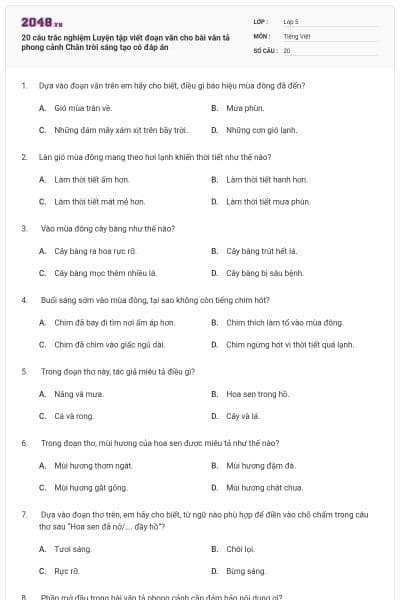 20 câu trắc nghiệm Luyện tập viết đoạn văn cho bài văn tả phong cảnh Chân trời sáng tạo có đáp án