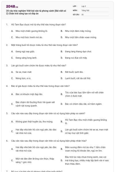 20 câu trắc nghiệm Viết bài văn tả phong cảnh (Bài viết số 2) Chân trời sáng tạo có đáp án