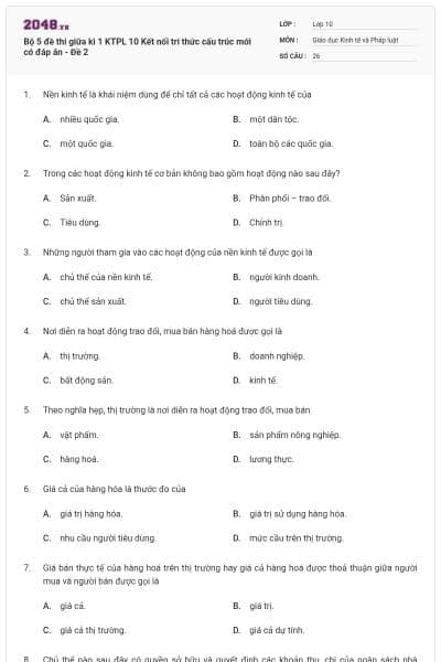 Bộ 5 đề thi giữa kì 1 KTPL 10 Kết nối tri thức cấu trúc mới có đáp án - Đề 2