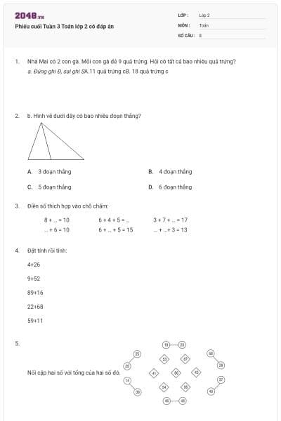 Phiếu cuối Tuần 3 Toán lớp 2 có đáp án