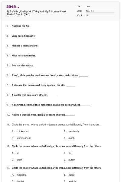 Bộ 5 đề thi giữa học kì 2 Tiếng Anh lớp 5 i-Learn Smart Start có đáp án (Đề 1)
