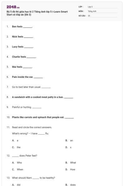 Bộ 5 đề thi giữa học kì 2 Tiếng Anh lớp 5 i-Learn Smart Start có đáp án (Đề 3)