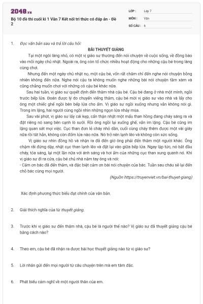 Bộ 10 đề thi cuối kì 1 Văn 7 Kết nối tri thức có đáp án - Đề 2