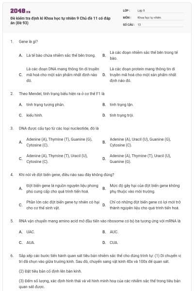 Đề kiểm tra định kì Khoa học tự nhiên 9 Chủ đề 11 có đáp án (Đề 93)