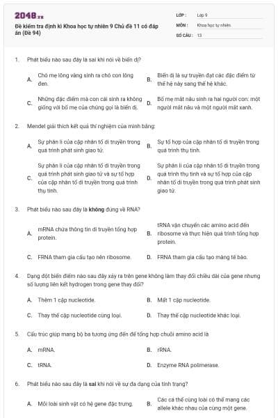 Đề kiểm tra định kì Khoa học tự nhiên 9 Chủ đề 11 có đáp án (Đề 94)