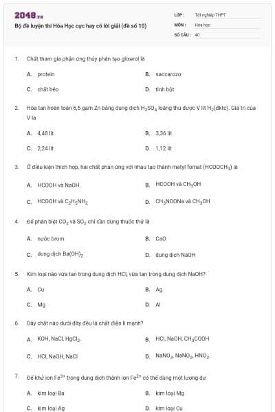 Bộ đề luyện thi Hóa Học cực hay có lời giải (đề số 10)