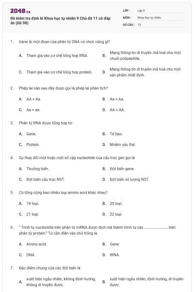 Đề kiểm tra định kì Khoa học tự nhiên 9 Chủ đề 11 có đáp án (Đề 98)