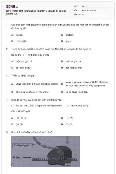 Đề kiểm tra định kì Khoa học tự nhiên 9 Chủ đề 11 có đáp án (Đề 100)