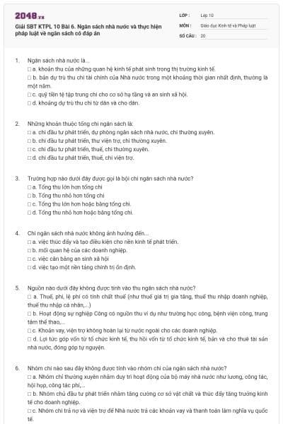 Giải SBT KTPL 10 Bài 6. Ngân sách nhà nước và thực hiện pháp luật về ngân sách có đáp án