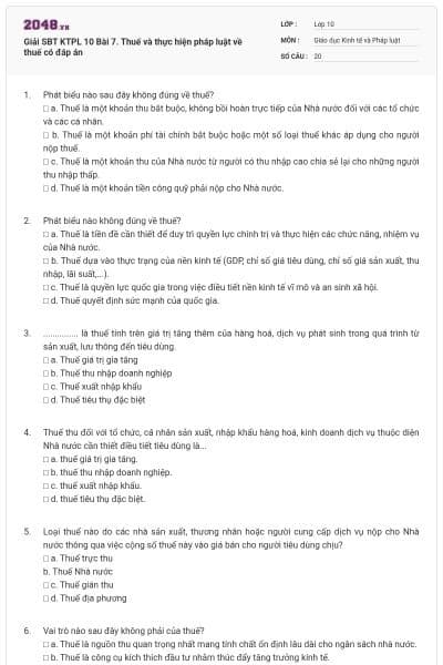 Giải SBT KTPL 10 Bài 7. Thuế và thực hiện pháp luật về thuế có đáp án