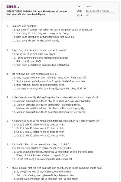 Giải SBT KTPL 10 Bài 8. Sản xuất kinh doanh và các mô hình sản xuất kinh doanh có đáp án
