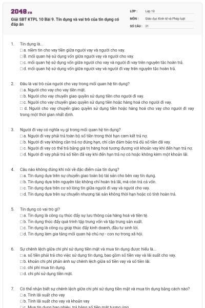 Giải SBT KTPL 10 Bài 9. Tín dụng và vai trò của tín dụng có đáp án