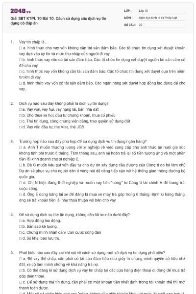 Giải SBT KTPL 10 Bài 10. Cách sử dụng các dịch vụ tín dụng có đáp án