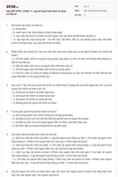 Giải SBT KTPL 10 Bài 11. Lập kế hoạch tài chính cá nhân có đáp án