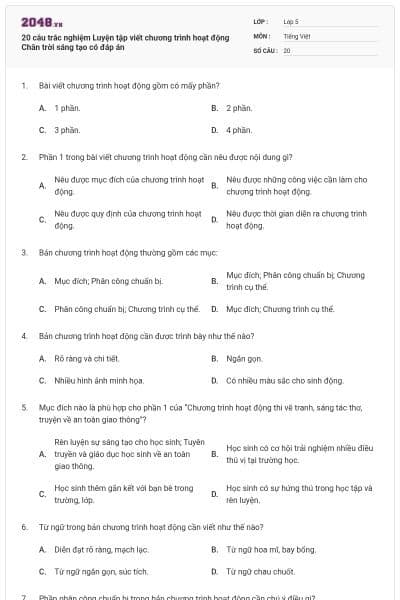 20 câu trắc nghiệm Luyện tập viết chương trình hoạt động Chân trời sáng tạo có đáp án