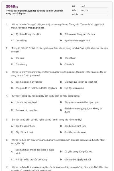 19 câu trắc nghiệm Luyện tập sử dụng từ điển Chân trời sáng tạo có đáp án