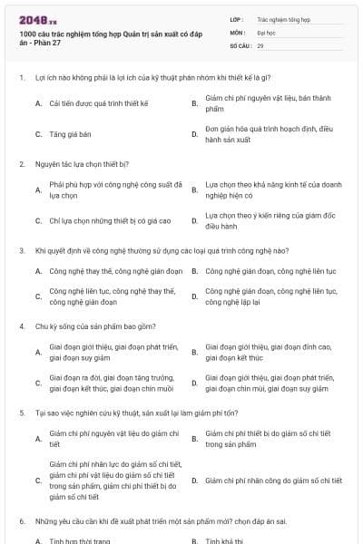 1000 câu trắc nghiệm tổng hợp Quản trị sản xuất có đáp án - Phần 27
